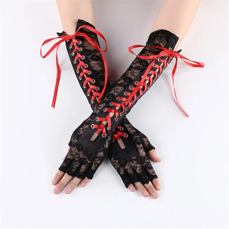 Sexy Lace Long Gloves Winter Elbow Length Half-finger Gloves Ribbon Fingerless Fishnet Mesh Etiquette Party Gloves