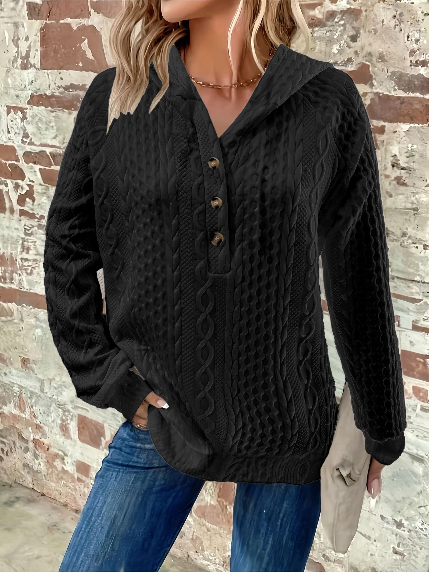 Gemütlicher Damen-Kabelstrick-Hoodie in Übergröße für mühelosen Stil und Komfort – Detail 6