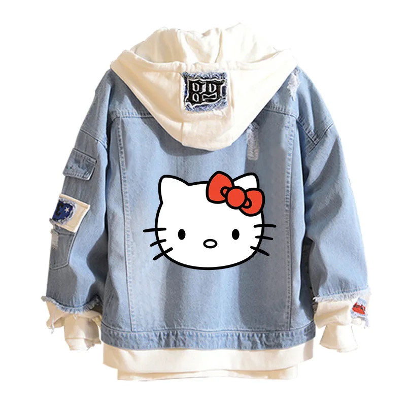 อะนิเมะ Sanrio DENIM เสื้อแจ็คเก็ต Hello Kitty กางเกงยีนส์ Hooded เสื้อกันหนาว Unisex Ripped Hole คอสเพลย์ Hoodie แขนยาว DENIM แจ็คเก็ต