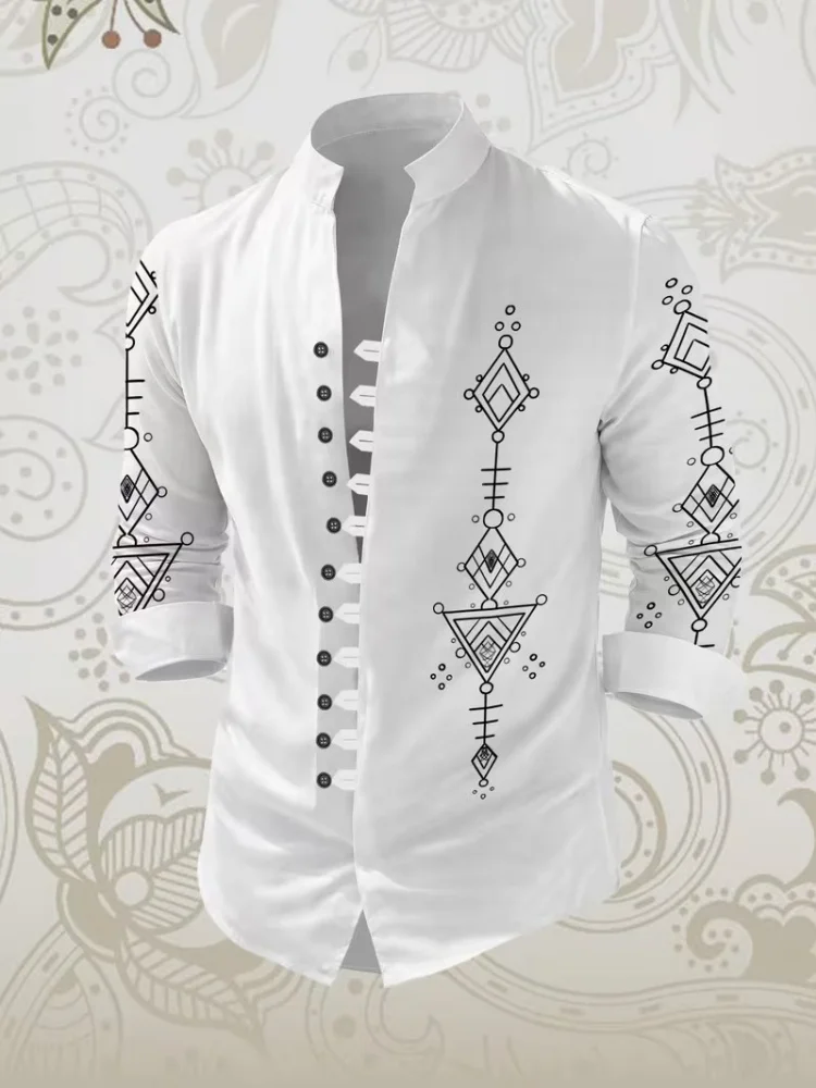 New Chinese style men's stand-up collar long-sleeved shirt with ink painting landscape and bamboo print, versatile cardigan top