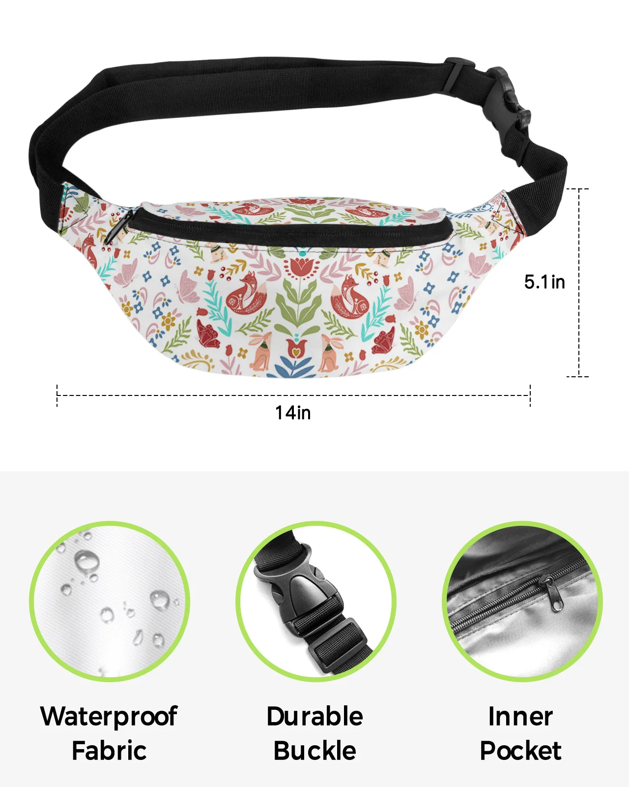 Bolsa de cintura impermeável para homens e mulheres Fanny Pack, bolsa, cinto de telefone, bolsa de carteira Banana Hip Bags, México, borboleta, flor, coelho, raposa