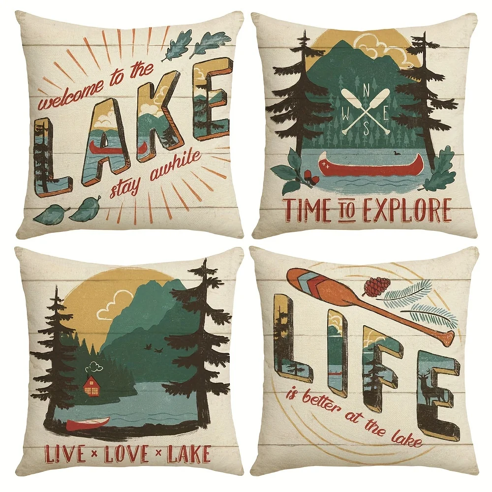 4PCS Spring Throw Pillow Covers Lake Boat Explore Cushion Covers Home Decor for Sofa Bedroom Office Car Farmhouse 18x18 Inch