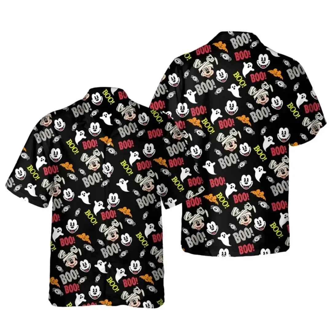 2024 New Disney Halloween Hawaiian Shirt Men Women Short Sleeve Button Up Mickey Vacation Family