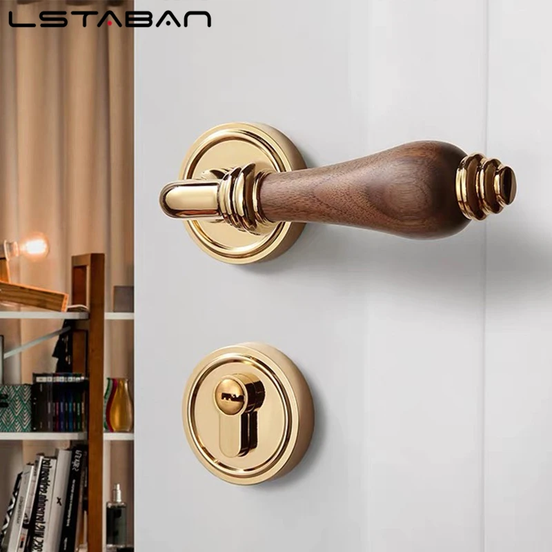 Euro Walnut Wood Handle Door Lock Indoor Universal Security Door Locks Bedroom Mute Deadbolt Lock Furniture Hardware Accessories view 6