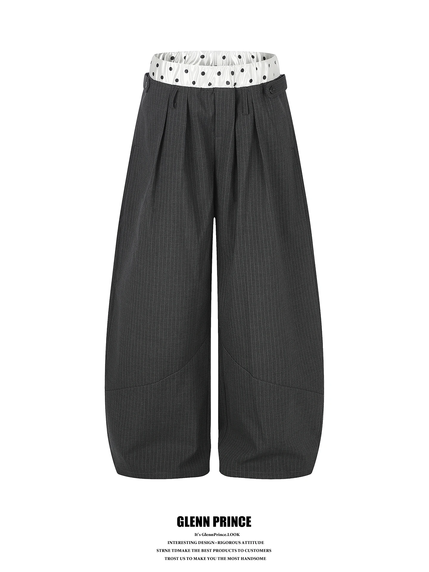 Korean Style Retro Polka Dot Satin Double Waistband Men's Wide Leg Pants Non-matching Design Fashionable Business Casual Trou...