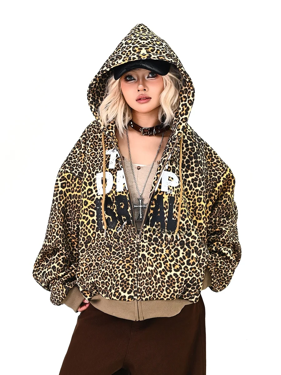 

Ladies Loose Fitting Leopard Print Hoodie Cardigan Spring 2026 High Street Trendy Outerwear Comfortable Long Sve Zipper De...