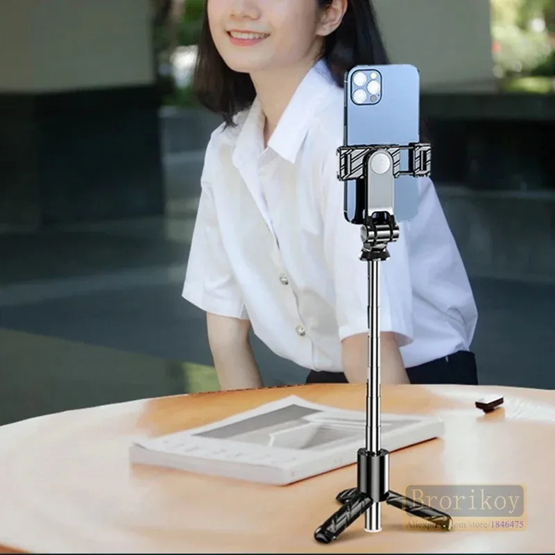 Kamera Mini ponsel aluminium portabel, Tripod tongkat swafoto nirkabel Bluetooth dengan Remote untuk IPhone 14 15 Monopod ponsel pintar