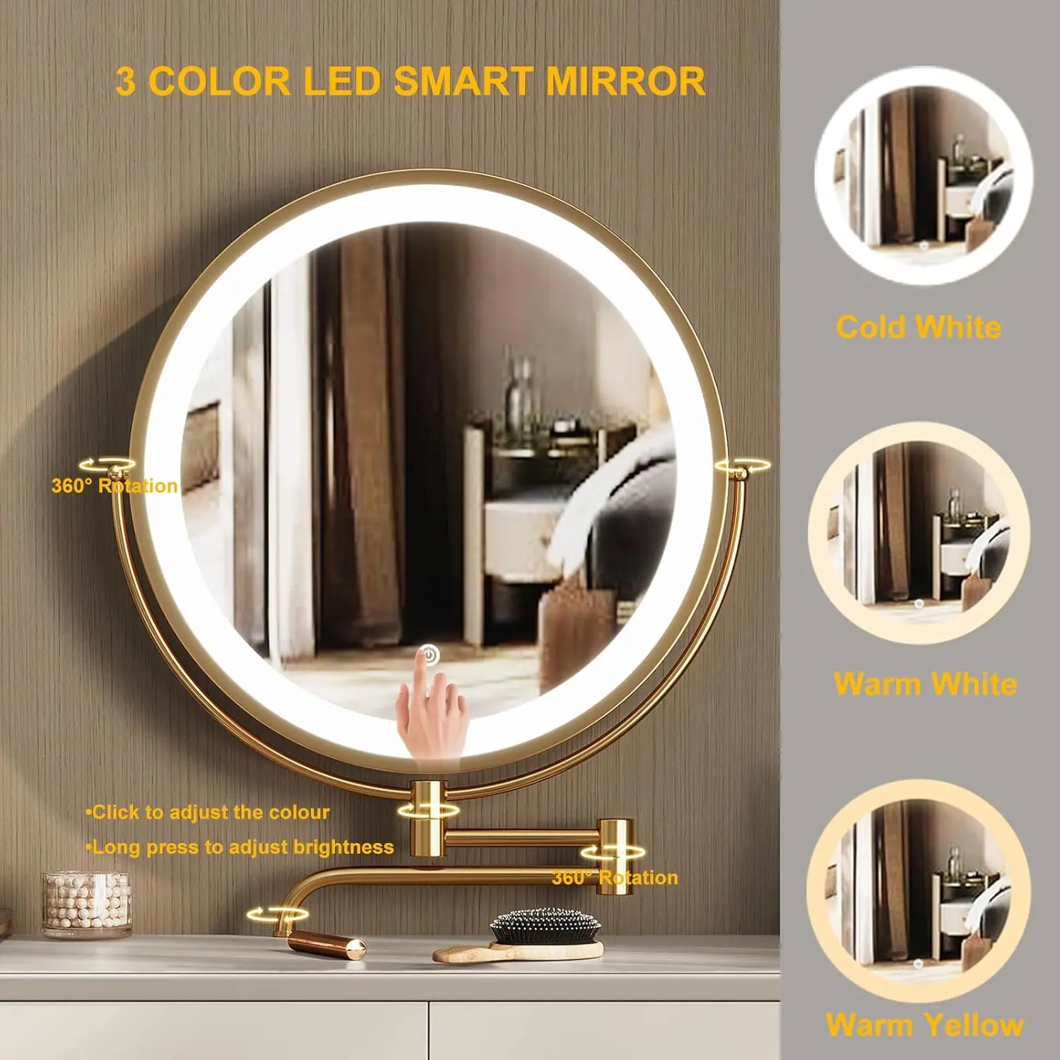 Vanity Desk Set with 360° Rotating Mirror and Lights, Small Makeup Vanity with Microfiber Leather, Vanity Table with 2 Drawers,