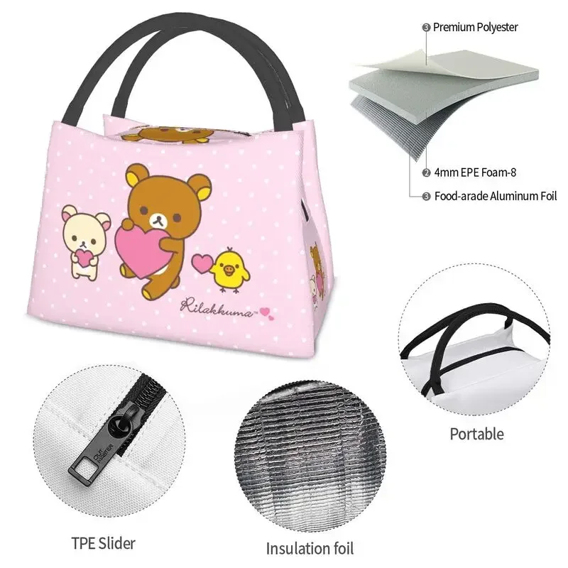 Kawaii Cartoon Bear Rilakkuma Thermal Insulated Lunch Bag Women Portable Lunch Container for Work Travel Meal Food Box