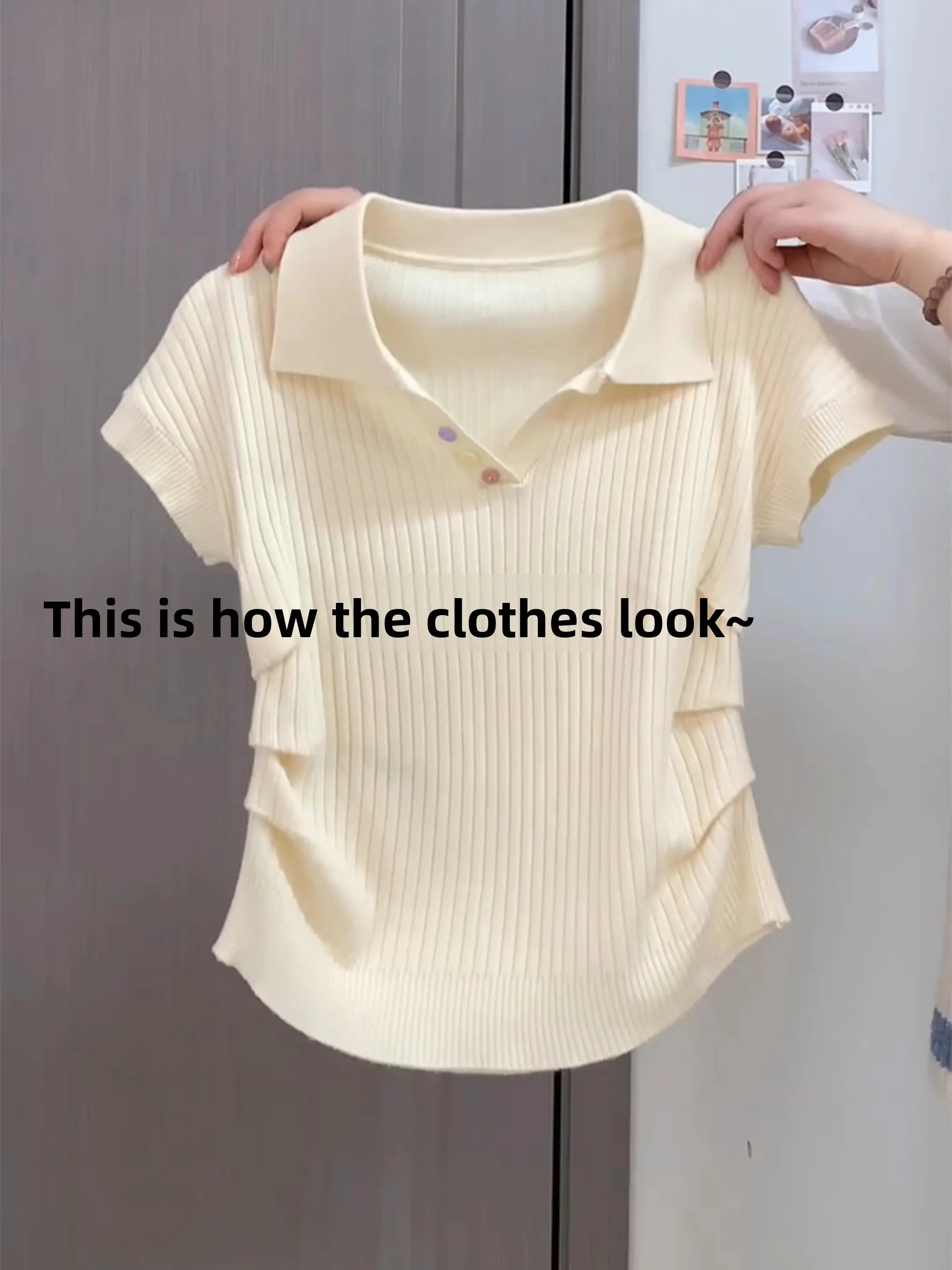 

Collar Short Sleeve Knitted Shirt Women's Summer New Style Elegant Versatile Pleated Slimming Shoulder Length Top