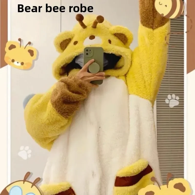 Cute Little Bee Bear Coral Fleece Robe Women's Winter Thickened Home Clothes Sleepwear Set Warm Cozy Comfortable Home Apparel
