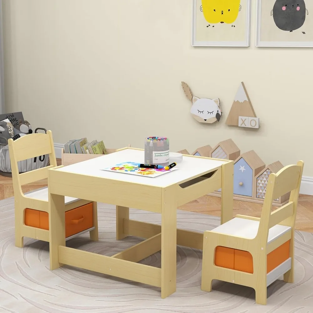 Kids Table and Chair Set, 3 in 1 Wooden Activity Table for Toddlers Arts, Crafts, Drawing, Reading, Playroom, Toddler w/ 2 in 1