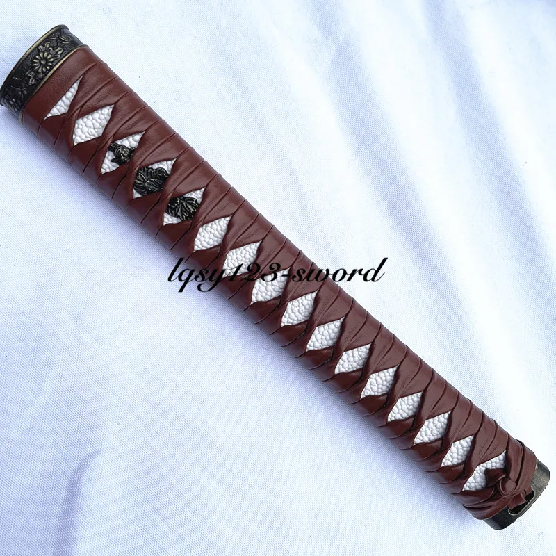 26CM Tsuka Handle Menuki Fuchi Kashira Coffee Red Leather Japanese Katana Sword Parts