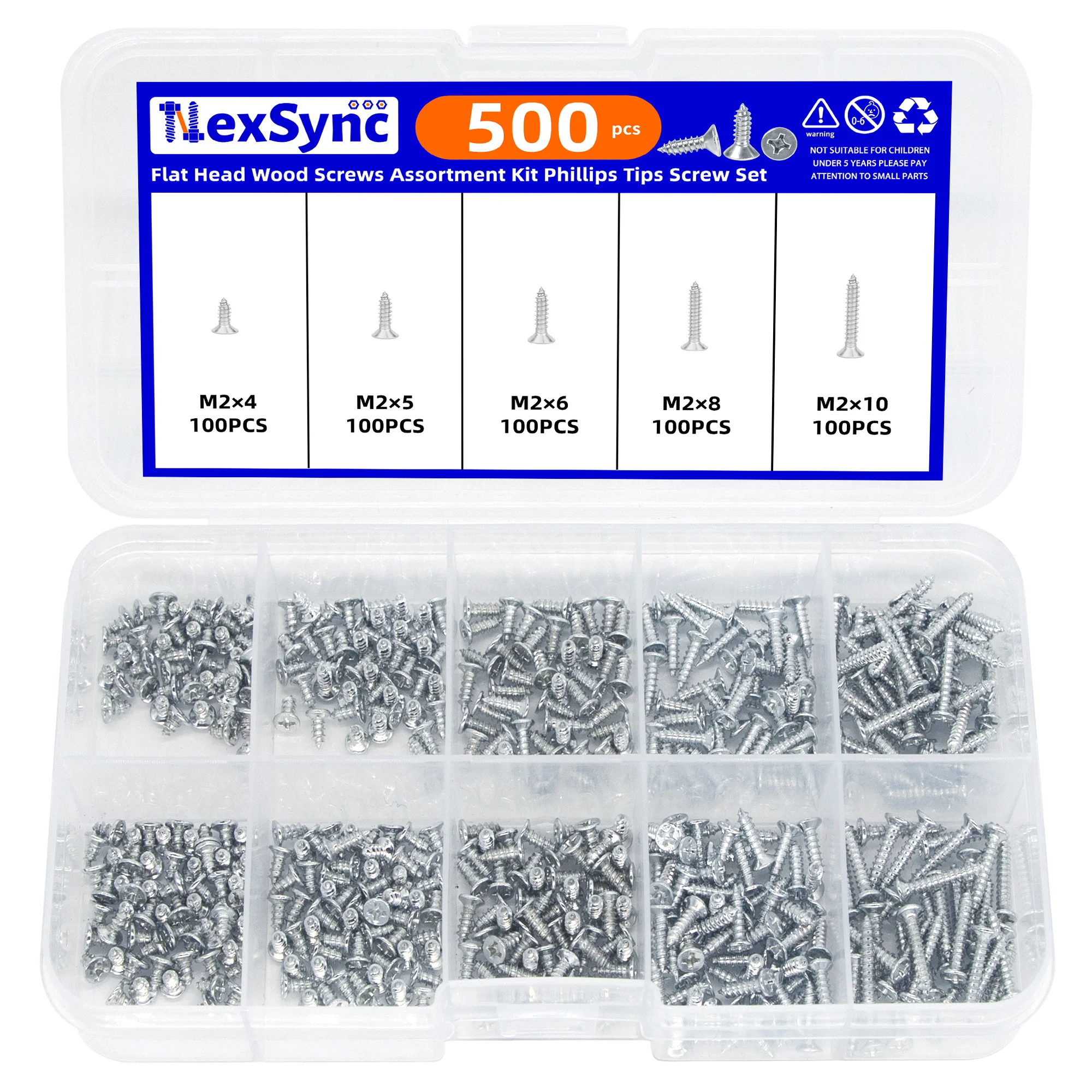 NexSync 500PCS M2 Flat Head Wood Screws Kit - 5 Sizes (4-10mm) Phillips Head Corrosion-Resistant for DIY & Woodworking