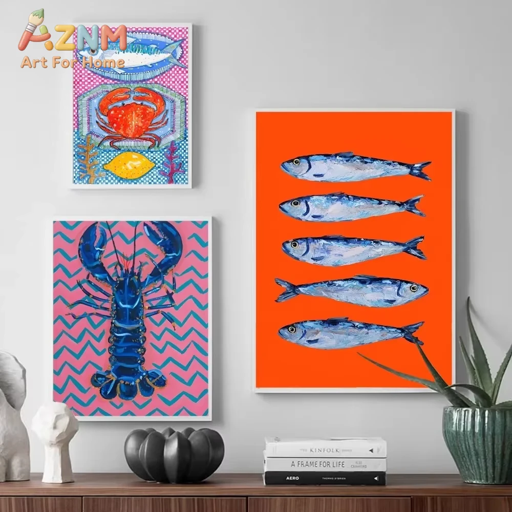 Colorful Sardine Lobster Fish Ocean Animal Self-adhesive Art Poster Retro Kraft Paper Sticker DIY Room Bar Cafe Stickers