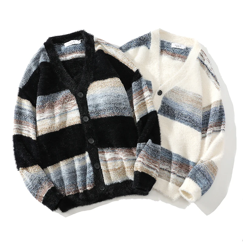 

2025 Autumn Retro Lazy Striped Cardigan Sweater Coat Men Women Trend Loose Couple Sweatercoat Warm Casual Daily Warm Sweaters