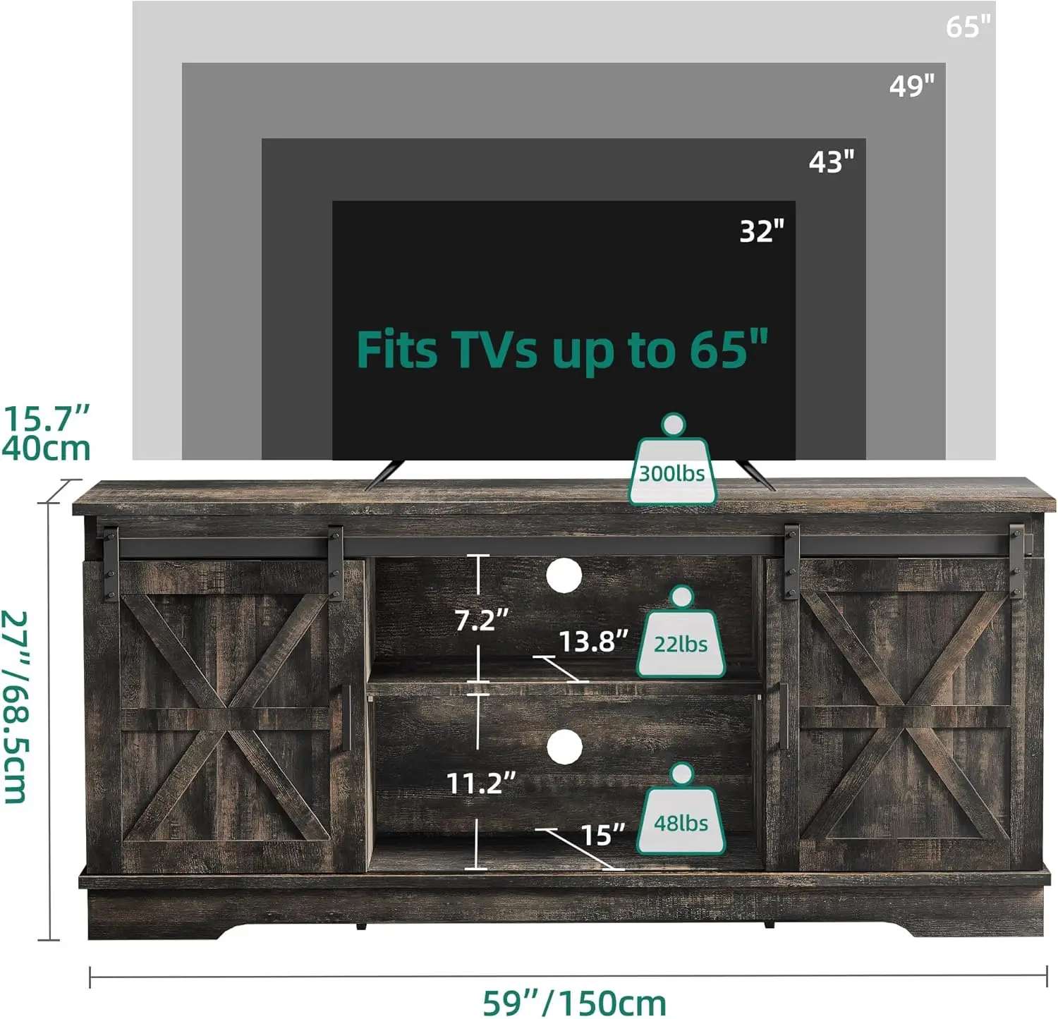 TV Stand for 65 55 Inch TV, Farmhouse Entertainment Center with Storage Cabinet and Sliding Barn Doors, Rustic TV Cabin