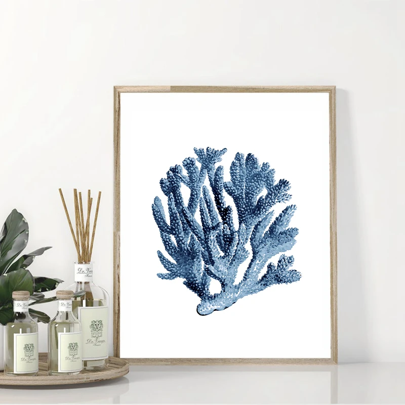 Blue Coral Watercolor Art Print Blue Seaweeds Poster Coastal Wall Art Canvas Painting Sea Corals Pictures For Living Room Decor