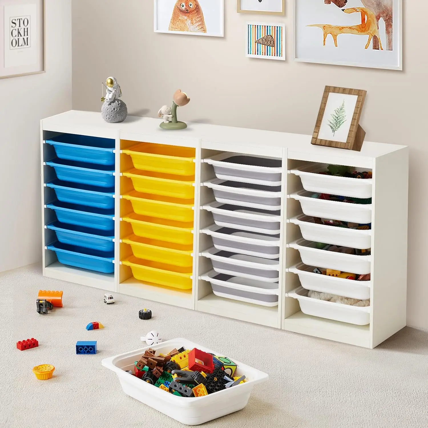 Multipurpose Toy & Book Storage Cabinet with 6 Large Bins, White - Collapsible and Easy to Assemble