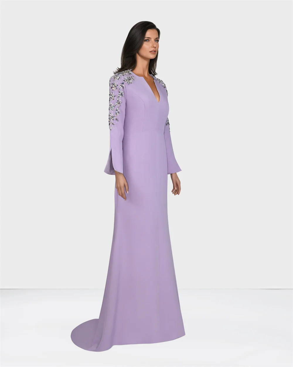 Robe de soirée sirène en cristal pour femme, col en V, manches longues, style classique, longueur au sol, vintage, train de balayage, robe de Rh, 2024