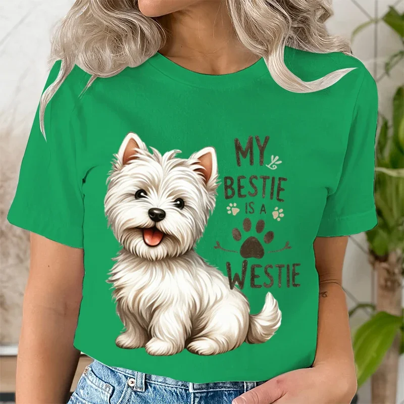 My Bestie Is A Westie Cute Dog Breeds Quotes T-shirt Women Funny Dog Paw Prints Tee Cartoon Animal Lover Gift Funny Tshirt Women