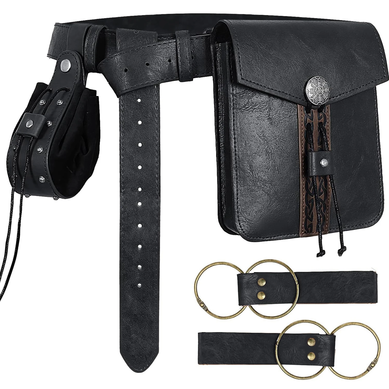 Black Medieval Retro Leather Set Leather Belt with Flap Waist Bag Drawstring Coin Purse Skirt Clips Renaissance Costume Accessories Cosplay Props