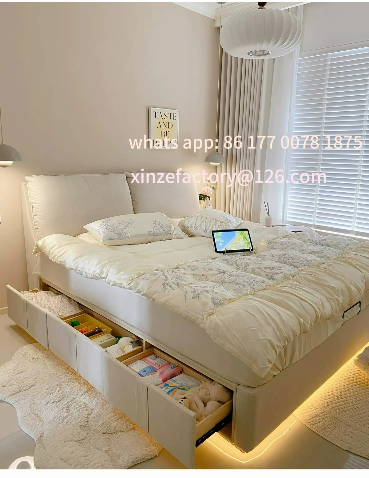 سرير قماشي للتخزين عبرية قابل للتخصيص، حقيبة ناعمة للرياح، غرفة نوم رئيسية مزدوجة مع درج تخزين، خزانة عالية