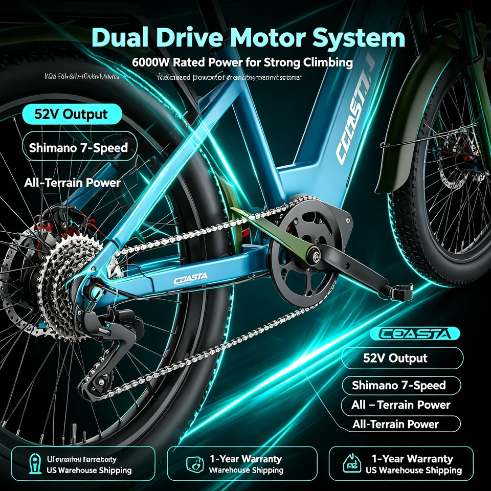 COASTA CT2 26 Inch Dual‑Drive Snow Fat Tire Electric Bike for Adult 155‑190cm Rider,6000W Motor,52V 25Ah Battery,65KM Max Range,Hydraulic Oil Brake,Shimano 7‑Speed,Adjustable Front Fork,IP54 Waterproof,Max Load 180KG,APP&LED Display,UN38.3 UL Certified image 4