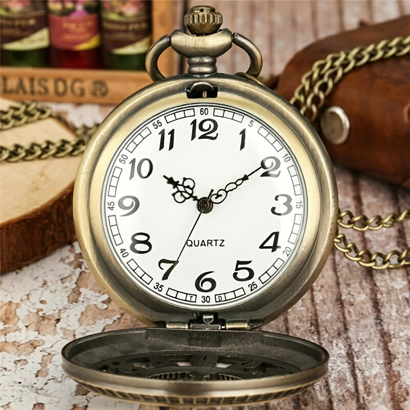 Exquisite Vintage Bronze Steampunk Pocket Watch, Carved Hollow Arabic Numerals Flip Quartz Clock, Retro Necklace Hanging Watch view 3