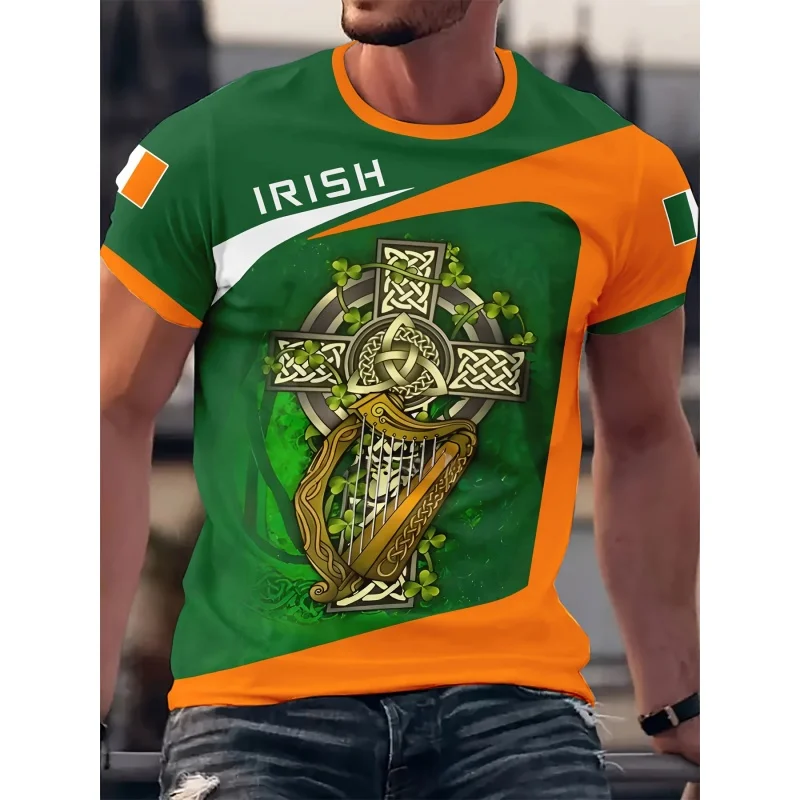 3D Printed Irish Flag T Shirt For Men St. Patrick's Day Clover Graphic T-Shirts Fashion Casual Women Loose Round Neck Tops Tees
