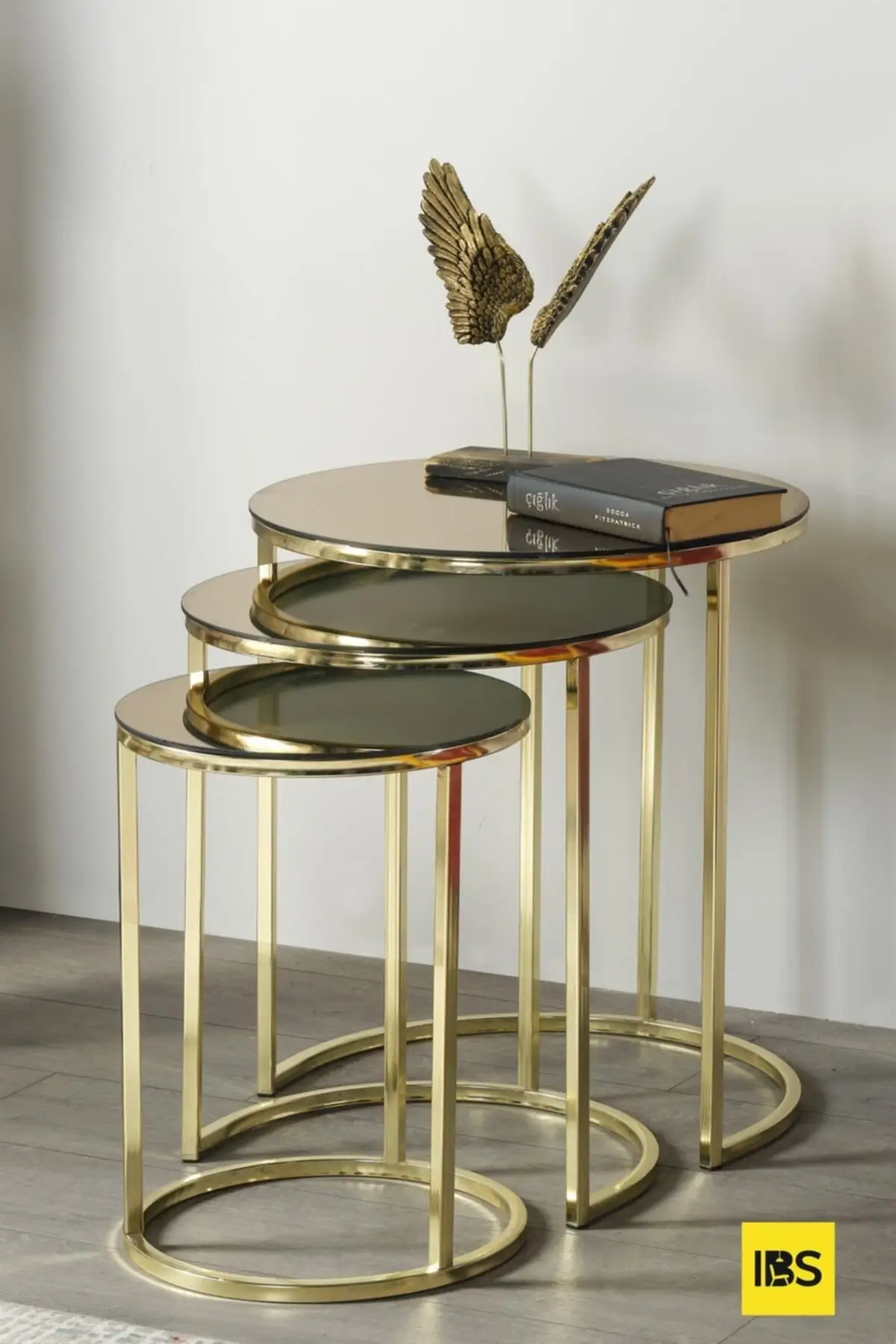 DOLBOVI Concept 3'lü Zigon Takımı Senior Gold Body Bronze By Işlemli Mirror 3 Years Set Guaranteed Coffee Table