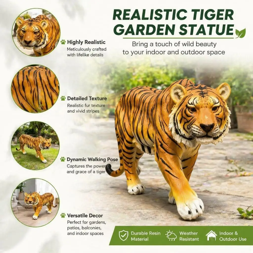 Tiger Garden Statue,33.5” Large Outdoor Resin Tiger Sculpture,Realistic Animal Yard Decor for Lawn Patio Backyard, Customized