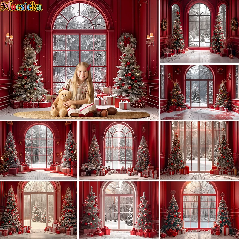 

Mocsicka Merry Christmas Photography Background Red Xmas Curtains Window Decor Child Adult Family Photo Backdrop Photo Studio