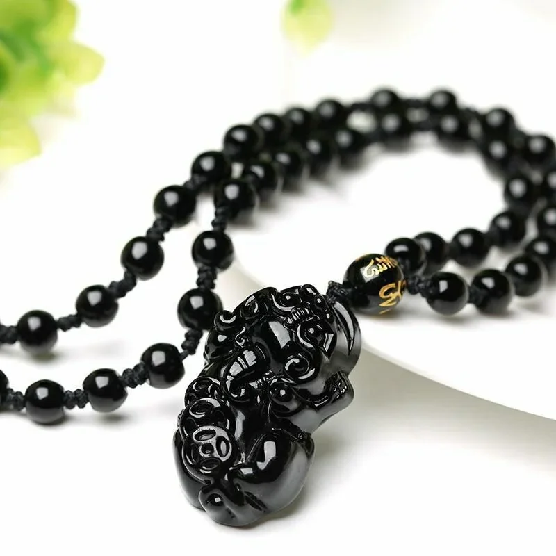 

Natural Black Green Chinese Obsidian money pixiu Pendant Necklace Jewelry Fashion Carved Amulet Gifts sweater chain