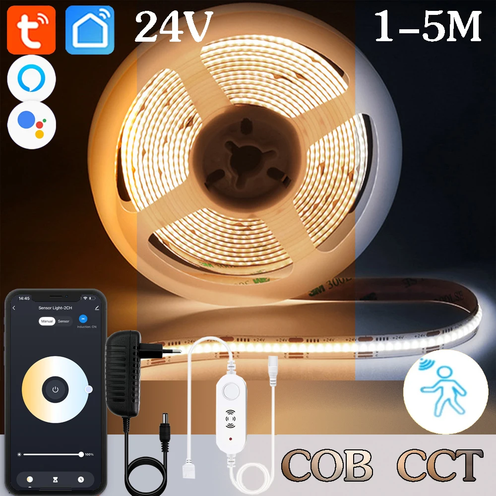 

DC 24V Tuya WiFi CCT COB LED Strip 1M-5M Double Color LED Tape Linear 2in1 Microwave /Sensing Controller Dimmer for Alexa Google
