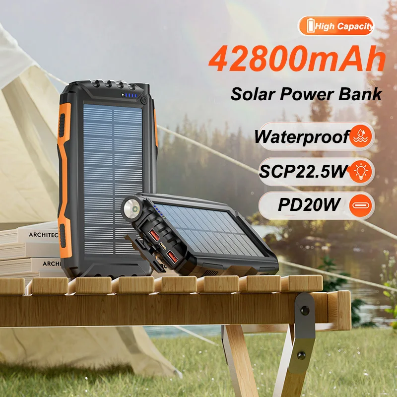 

42800mAh Solar Power Bank Portable Solar Panel 22.5W Fast Charger Powerbank for iPhone 16 15 Samsung S25 Huawei Xiaomi Poverbank