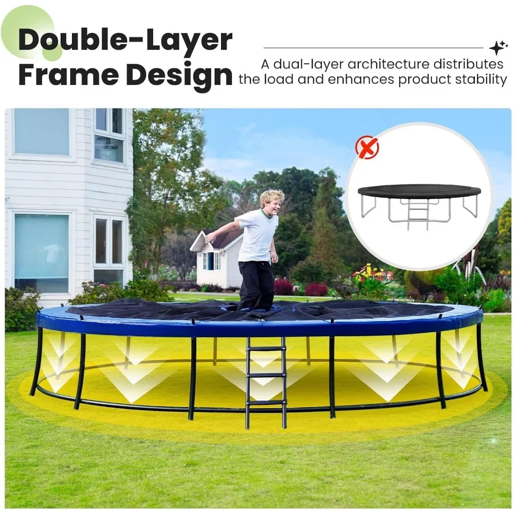 Double Frames Trampoline with No-Gap Design Curved PolesTrampolines for Kids with Enclosure Net Outdoor