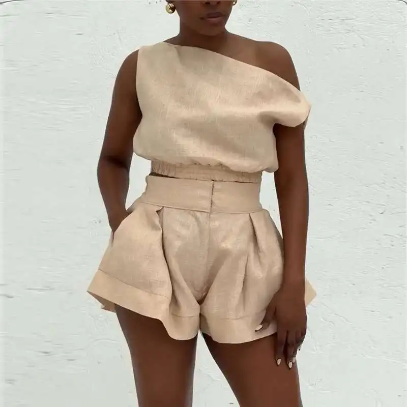 

Women's Clothing 2025 Summer New Sweet and Fresh One Neck Off Shoulder Shirt, High Waist Wide Leg Shorts Two-piece Set