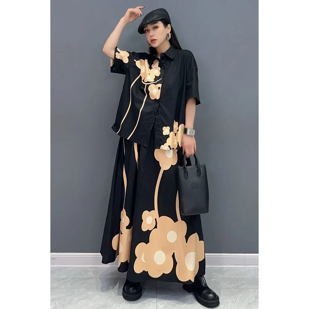 2024 Summer New Fashion Print Dress Set Women Short Sleeved Shirt + Large Hem Skirt Two Piece Set Loose Size LX120