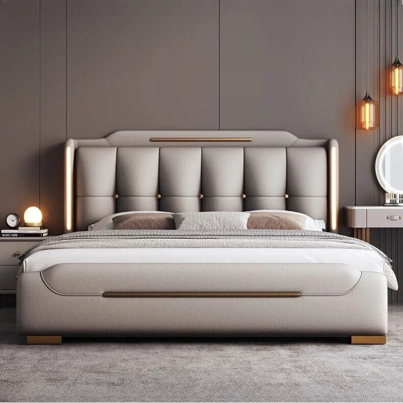 

Italian light luxury bed simple leather modern master bedroom double bed high-end atmospheric cama box casal bedroom furniture