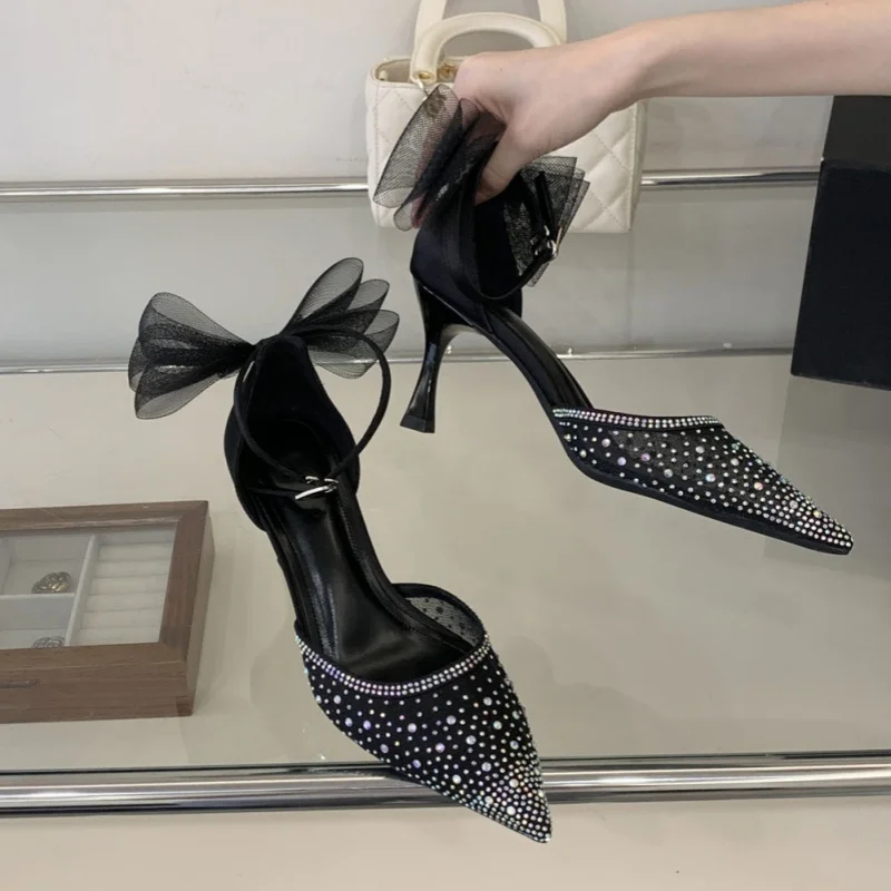 Summer new pointed hollow rhinestone mesh butterfly bow fine heel wedding shoes banquet large size high-heeled women's sandals