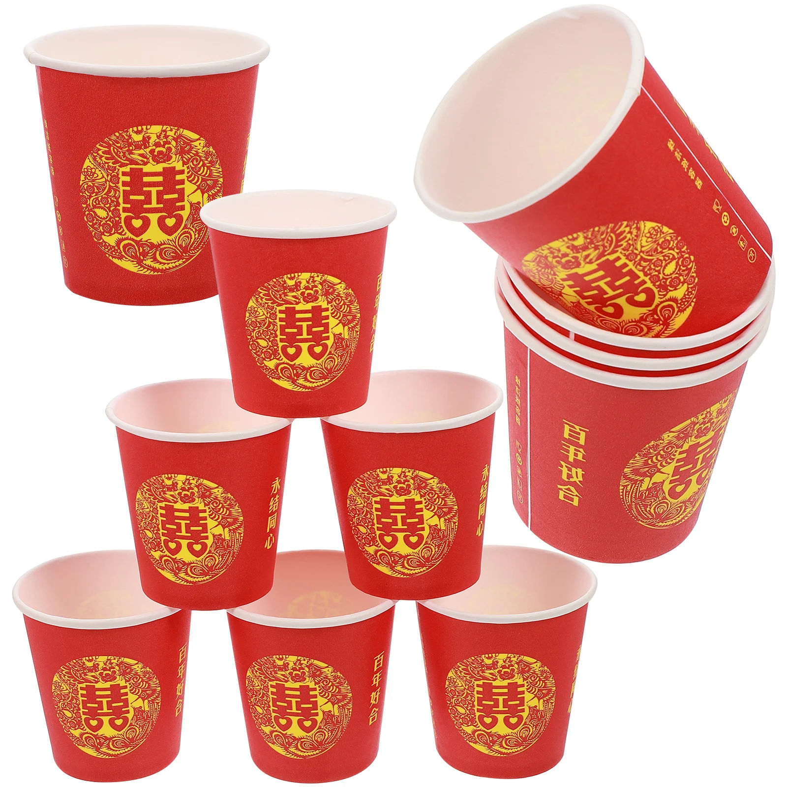 

100 Pcs Red Double Happiness Glass Know Mug Banquet Serving Cups Party Drink Thicken Paper Single-use Food-grade Beverage