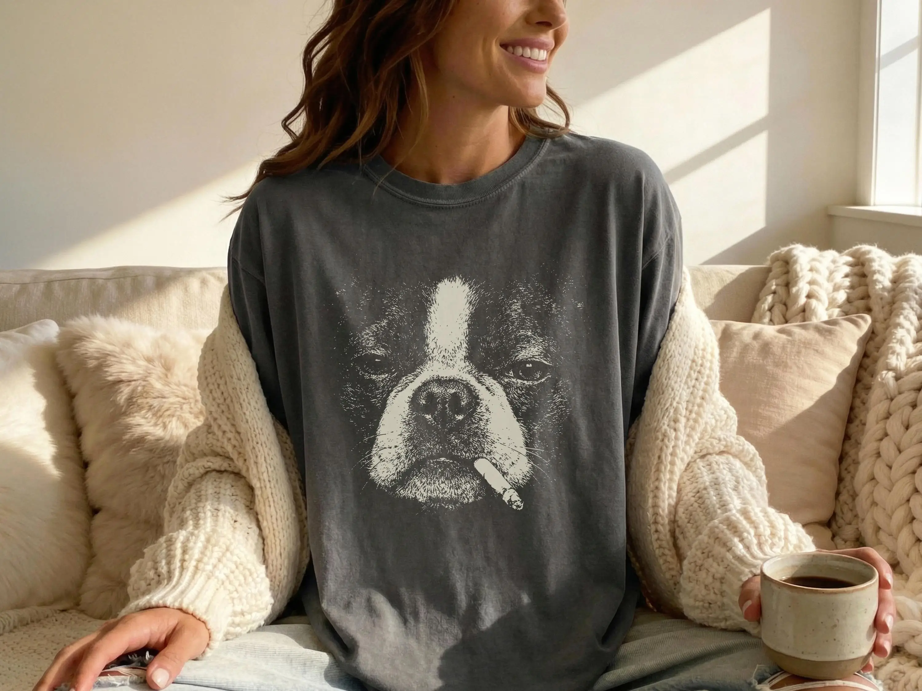 Sommer Damen Smoking Boston Terrier T-Shirt aus Baumwolle Streetwear Oversize Locker Lässig Kurzarm Geeignet für Alle Jahreszeiten – Detail 3