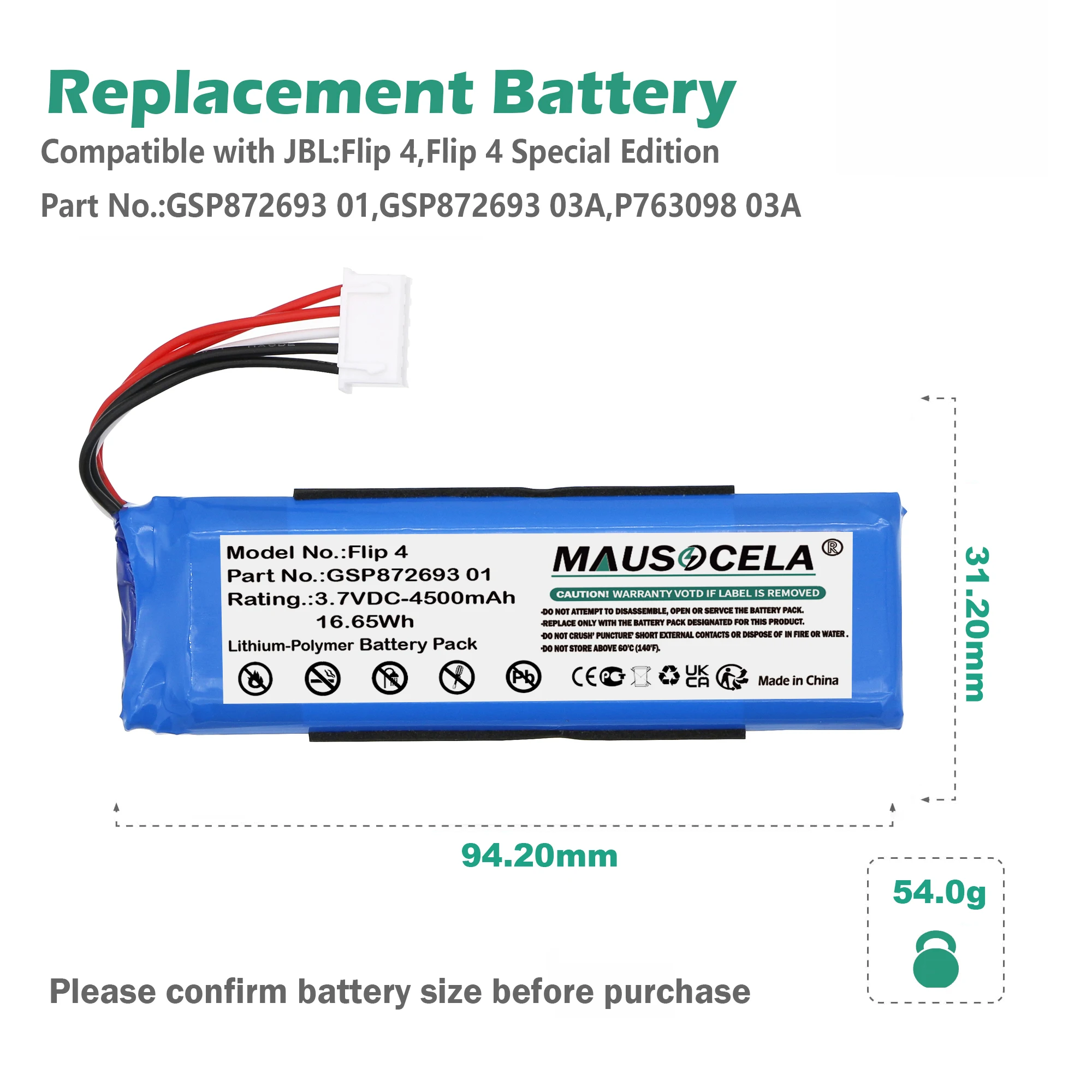 4500mAh Speaker Battery For JBL:Flip 4,Flip 4 Special Edition,GSP872693 01,GSP872693 03A,P763098 03A,+Toolkit--Li-Polymer--3.70V view 4