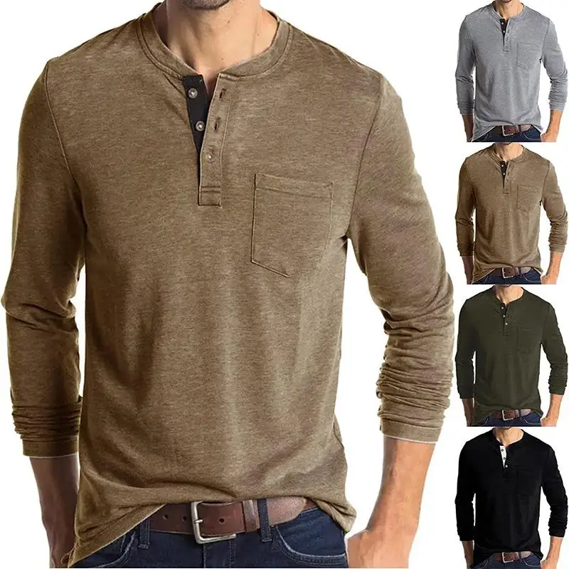 

New Men's Polo Shirt Spring and Autumn Button Round Neck Solid Color Tops Long-Sleeved Bottoming Shirt Breathable T-Shirt