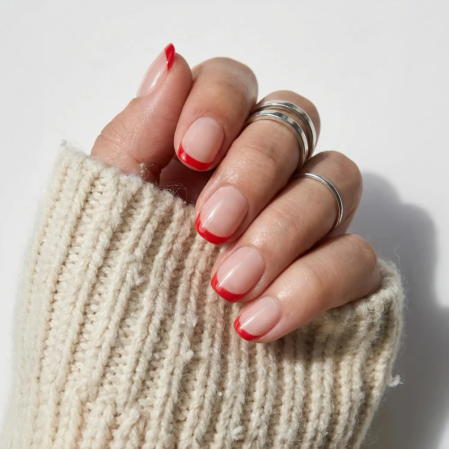 

Press On Nails - Hotline Red Super Short Fake Nails with Fiery Red French Tips and Glazed Finish - 30 Nail Kit with Glue
