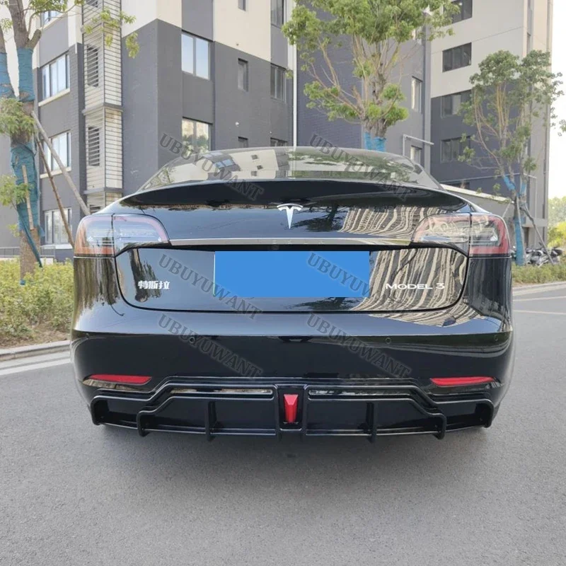 

For Tesla Model 3 2018-2023 4-Door Rear Bumper Diffuser Lip ABS Carbon Fiber Look Car Boot Splitter Guard Spoiler Plate