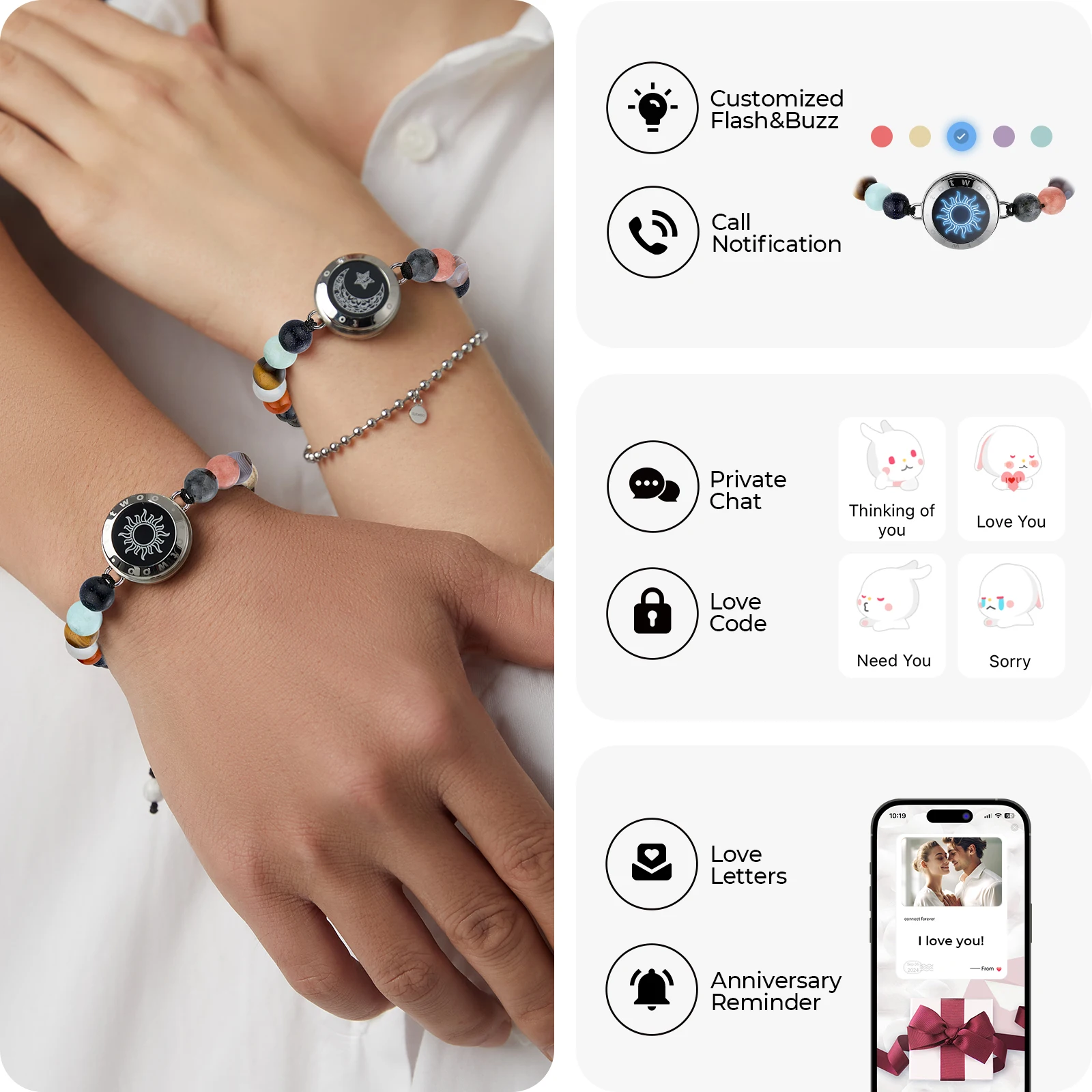 TOTWOO Touch-armbanden voor lange afstanden voor koppels, trillingen en oplichten cadeaus voor vriendin Bluetooth-koppelingsieraden