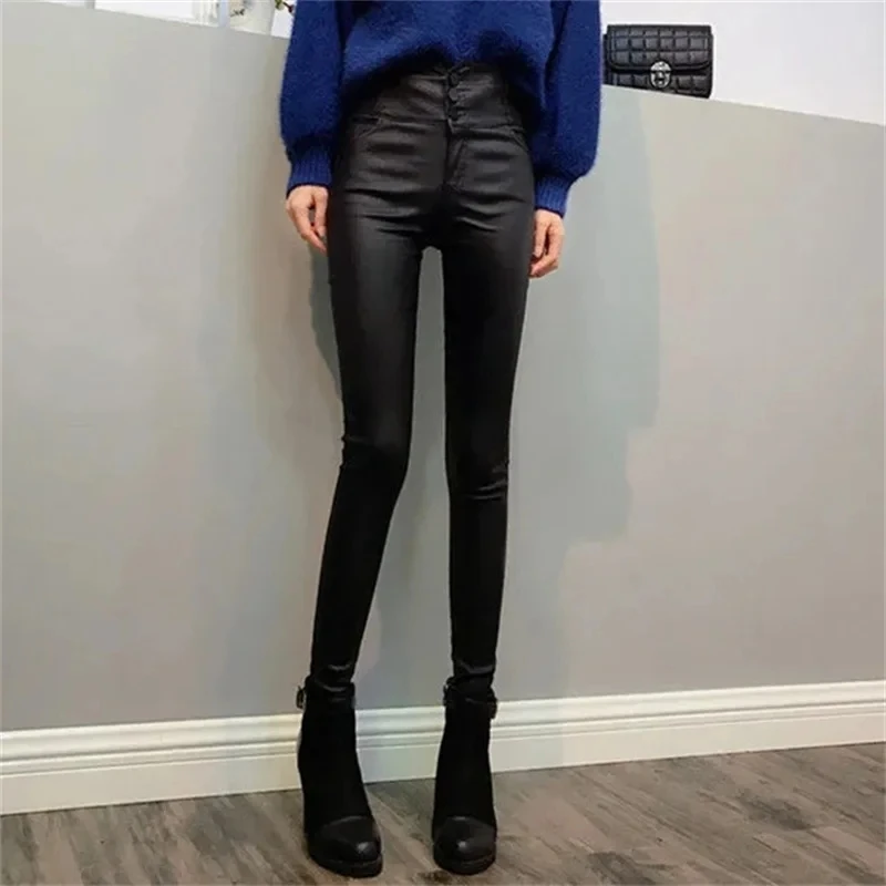 

Autumn Winter Add Velvet/No Velvet Black Faux PU Leather Pant Women High Waist Stretch Leggings Skinny Pencil Leather Trousers