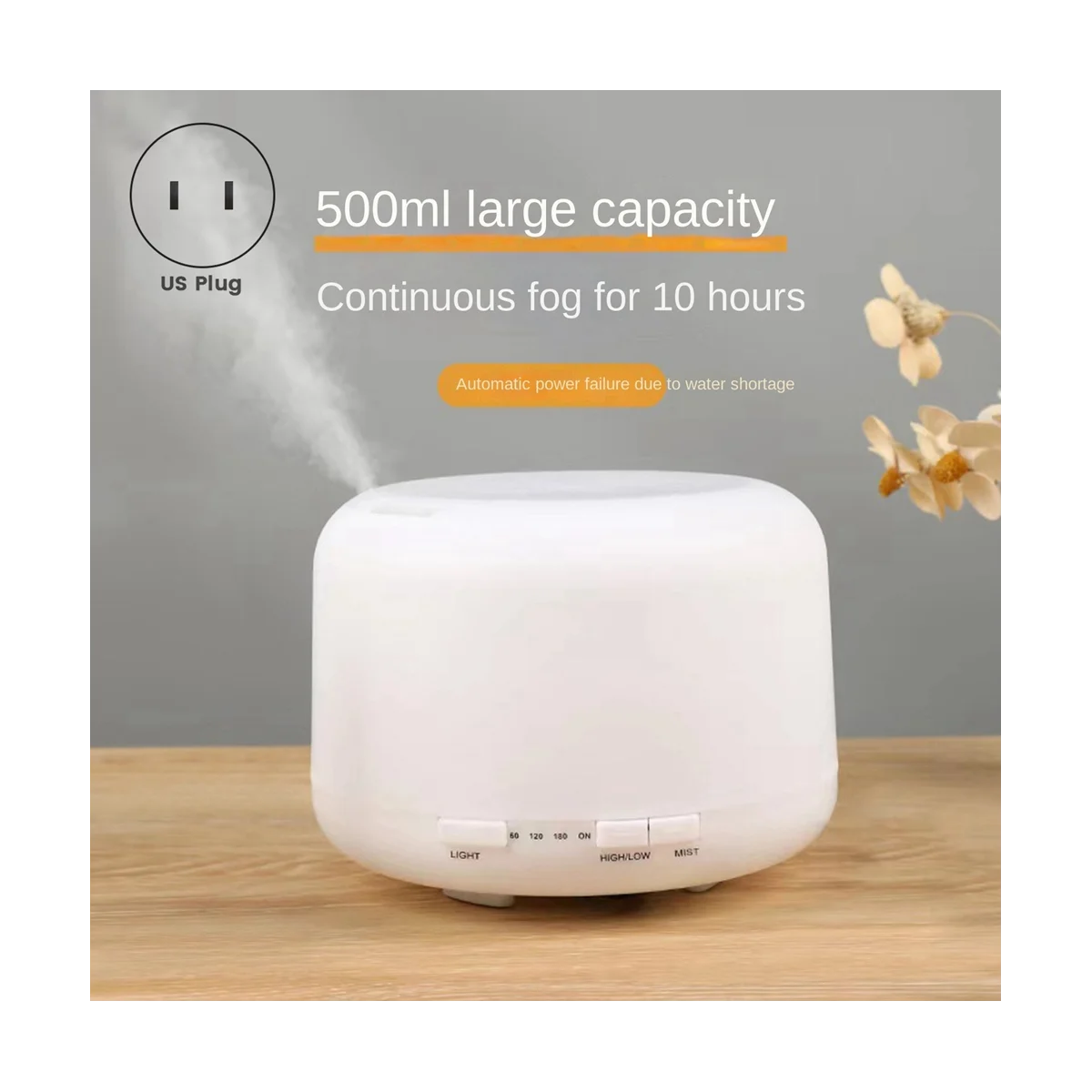 500Ml Electric Air Purification Humidifier Aromatherapy Essential Oil Diffuser with Atmosphere Light for Gift US Plug